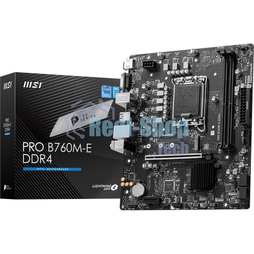 Материнская плата MSI PRO B760M-E DDR4, LGA 1700, Intel B760, 2xDDR4, 4xSATA, 1xM.2, 1xPCIe 4.0 x16, 1xPCIe 4.0 x1, 1xHDMI, 1xVGA, 1x1Gb LAN, 2xUSB-A 3.2 Gen 1, 4xUSB-A 2.0, 3x3.5 мм, 7.1, mATX