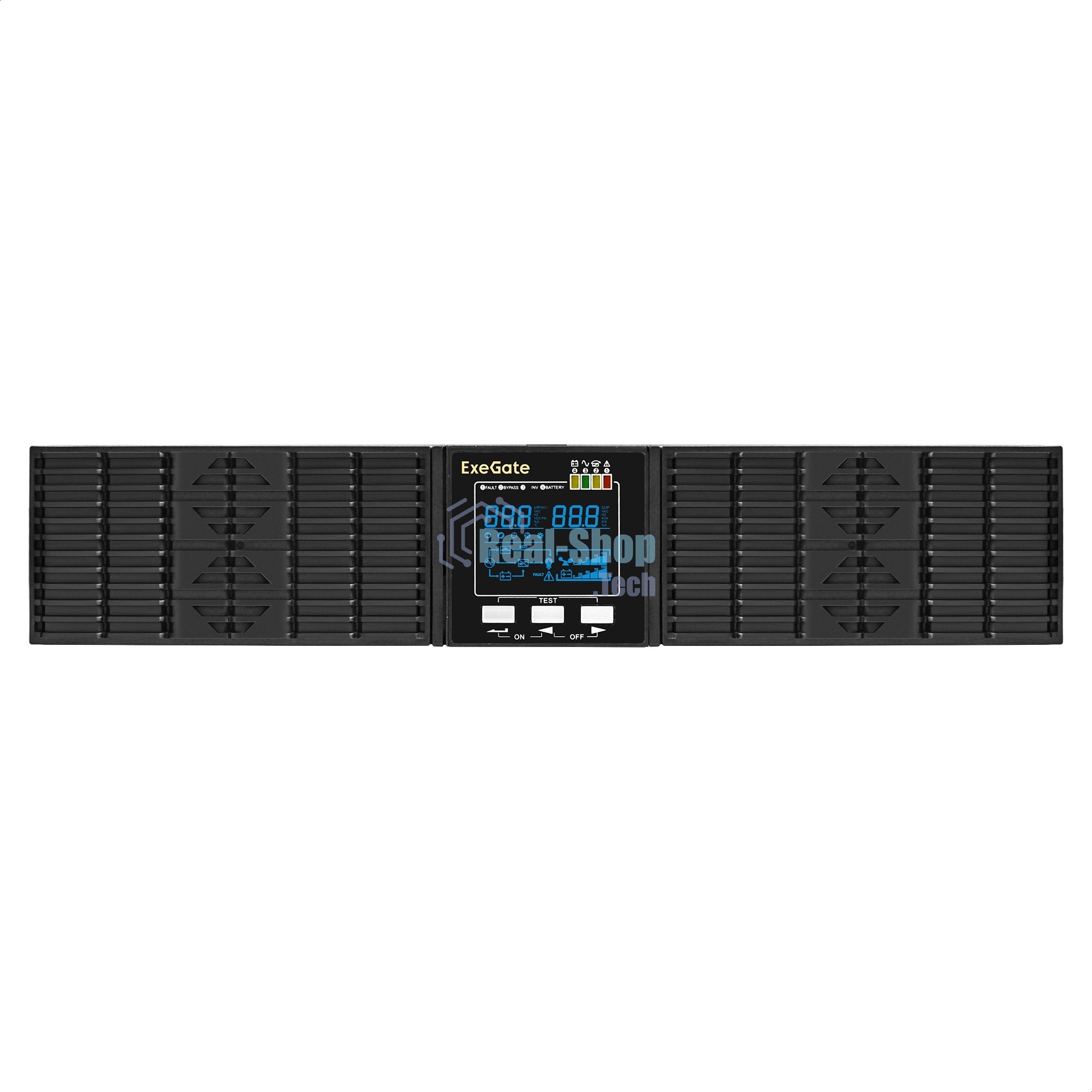Источник бесперебойного питания On-line ExeGate PowerExpert ULS-3000.LCD.AVR.6C13.USB.RS232.SNMP.BC.2U 3000VA/3000W, On-Line, PF=1, LCD, 6*C13, RS232, USB, SNMP-slot, встроенные батареи 12V 7.2Ah - 6шт, батарейный коннектор, подключение до 4 внешних батарейных блоков 72В, Rackmount 2U/Tower, металлический корпус, черный