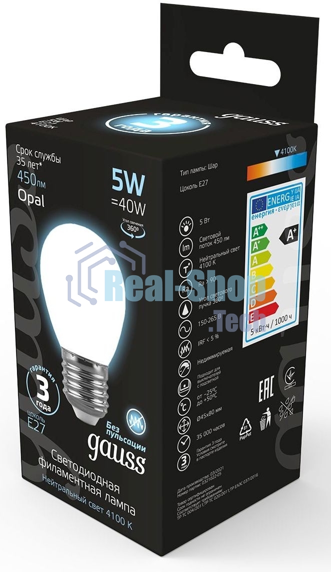 Лампа светодиодная Filament Шар E27 5Вт 4100К OPAL GAUSS 105202205