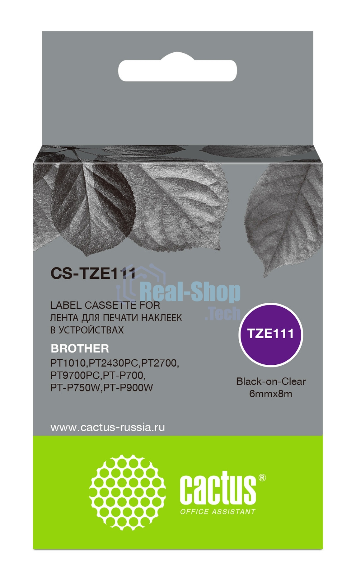 Картридж ленточный Cactus CS-TZE111 черный шрифт, прозрачный фон (6 мм, 8 м) для Brother 1010/1280/1280VP/2700VP