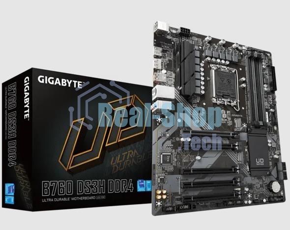 Материнская плата Gigabyte B760 DS3H DDR4, LGA 1700, Intel B760, 4xDDR4, 4xSATA, 2xM.2, 1xPCIe 4.0 x16, 4xPCIe 3.0 x1, 1xHDMI, 1xDP, 1x 1Gb LAN, 1xUSB 3.2 Gen 2, 1xUSB 3.2 Gen 2x2, 4xUSB 2.0, 3x3.5 мм, 7.1, ATX