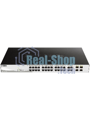 Коммутатор D-Link DGS-1210-28MP/FL1A, L2 Managed Switch with 24 10/100/1000Base-T ports and 4 100/1000Base-T/SFP combo-ports (24 PoE ports 802.3af/802.3at (30 W), PoE Budget 370 W).8K Mac address, 802.3x Flow C