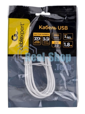 Кабель USB2.0 Cablexpert CC-USB2-AMCM-66W-1.8M-W, AM/Type-C, 6A, 66Вт, QC3.0, 1.8м, медь, белый, пакет