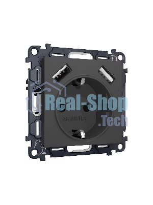 Комплект механизма электрической розетки ALFA Графит мягкое касание 2USB A+A 18W (быстрая зарядка) с/з QUANT (AP9090, VM155) MA909010