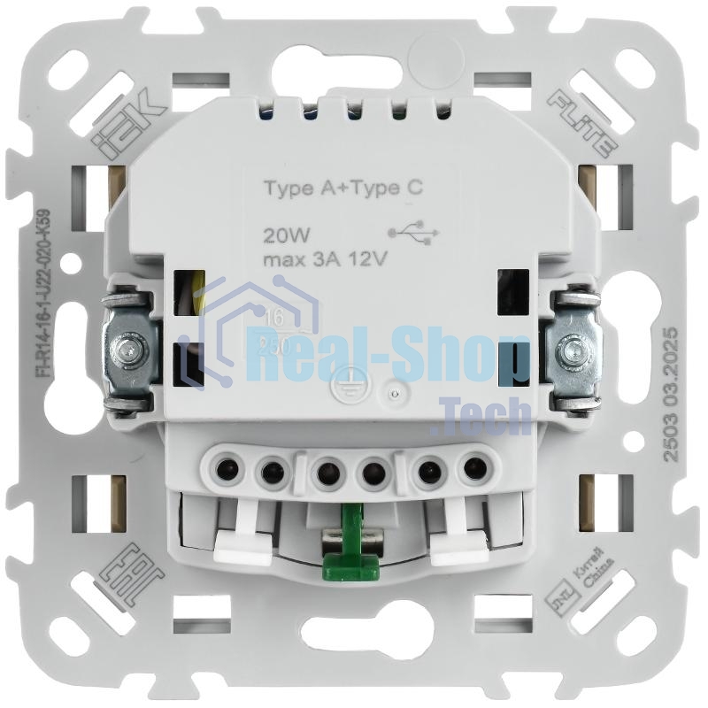 FLITE Розетка с заземлением со шторками 16А с USB A+C 20Вт быстрозажимные клеммы РСЮшс11-1-ФлХ хаки | FI-R14-16-1-U22-020-K59 | IEK