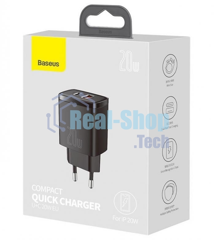 Сетевое зарядное устройство BASEUS Compact Quick Charger, 1хUSB-A, 1xType-C, 20W, 5V, 3.0A, черный