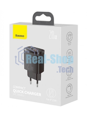 Сетевое зарядное устройство BASEUS Compact Quick Charger, 1хUSB-A, 1xType-C, 20W, 5V, 3.0A, черный
