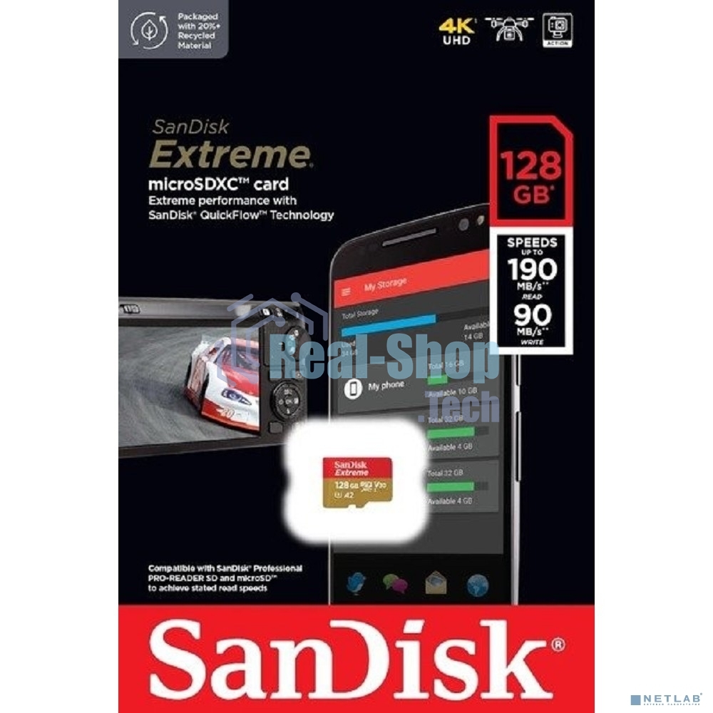 Флеш карта microSD 128Gb SanDisk microSDXC Class 10 UHS-I A2 C10 V30 U3 Extreme 190MB/s