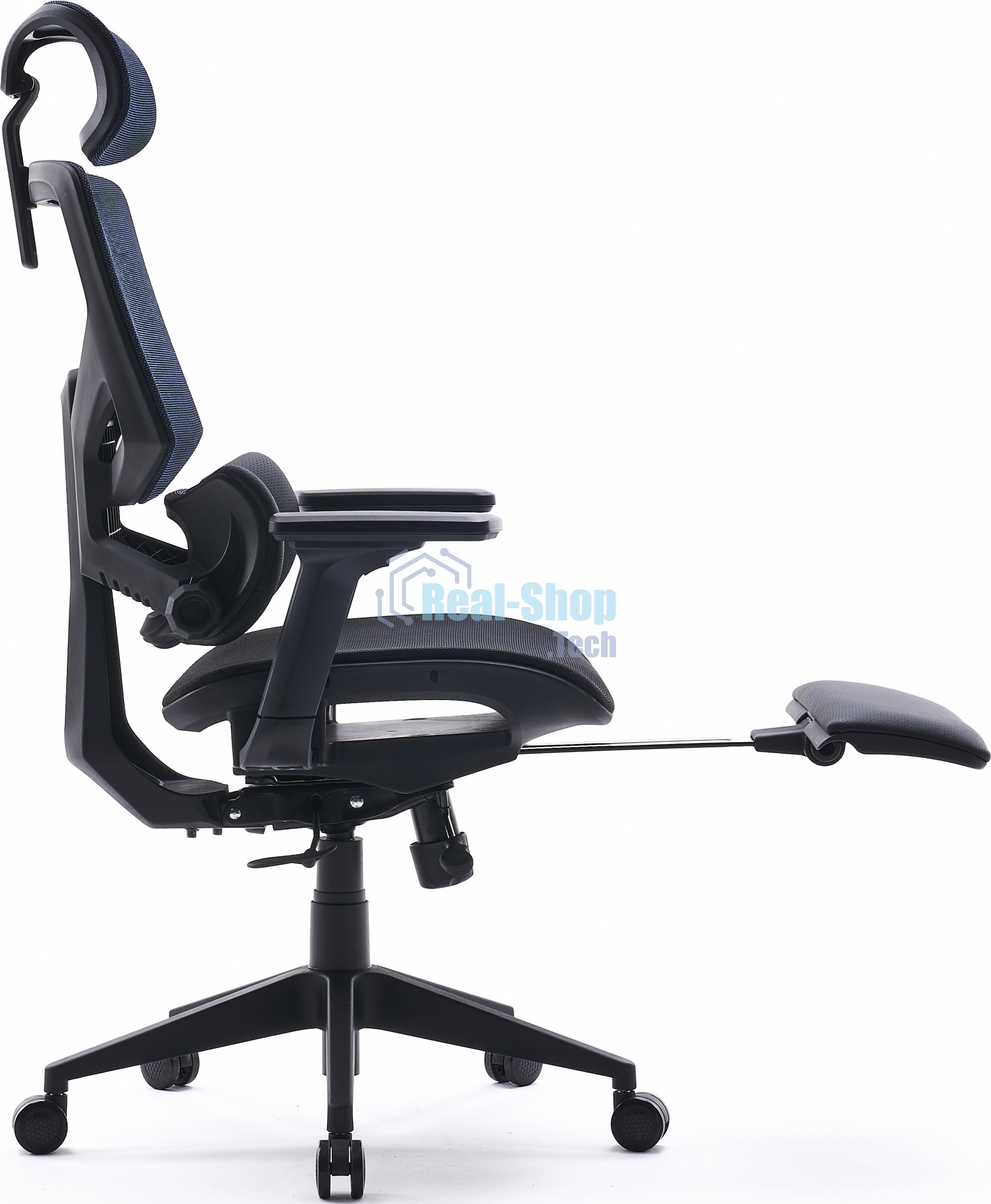 Кресло офисное Cactus CS-CHR-MC01-BLBK синий, сиденье черный, сетка/ткань, с подголов. крестов. пластик, подст. для ног