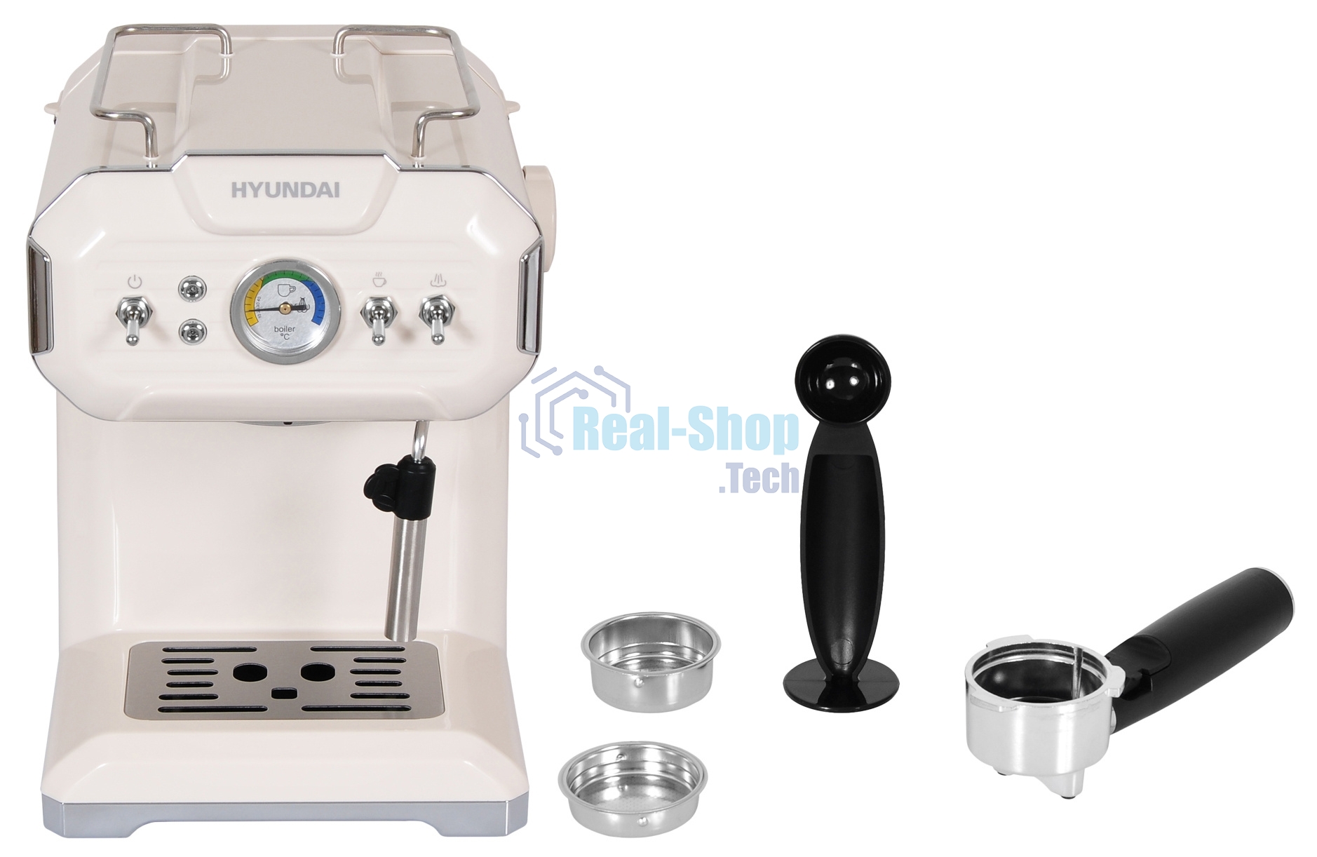 Кофеварка рожковая Hyundai HEM-5300 бежевый/серебристый, исп. кофе - молотый, 1.5 л, 850 Вт, 20 бар