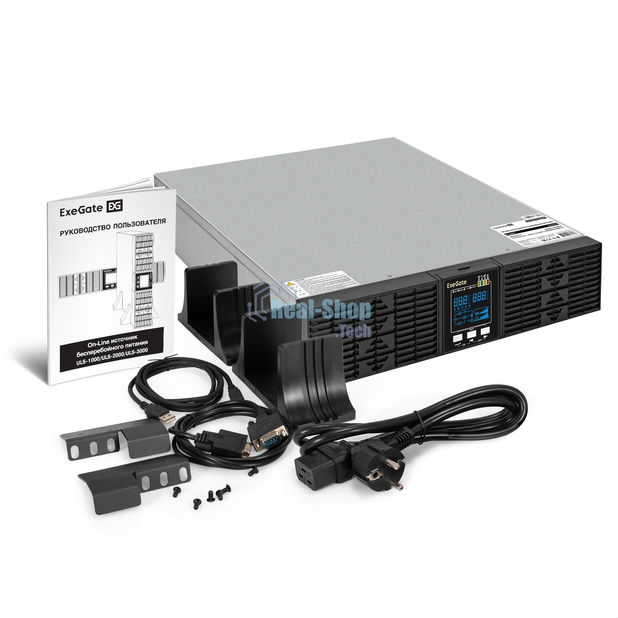 Источник бесперебойного питания On-line ExeGate PowerExpert ULS-3000.LCD.AVR.6C13.USB.RS232.SNMP.BC.2U 3000VA/3000W, On-Line, PF=1, LCD, 6*C13, RS232, USB, SNMP-slot, встроенные батареи 12V 7.2Ah - 6шт, батарейный коннектор, подключение до 4 внешних батарейных блоков 72В, Rackmount 2U/Tower, металлический корпус, черный