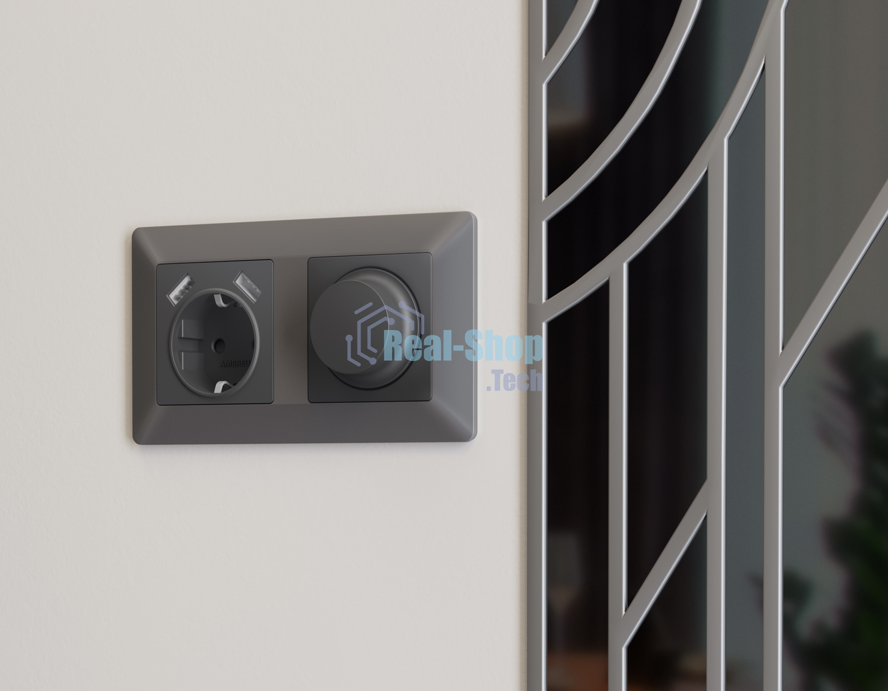 Комплект механизма электрической розетки ALFA Графит мягкое касание 2USB A+A 18W (быстрая зарядка) с/з QUANT (AP9090, VM155) MA909010