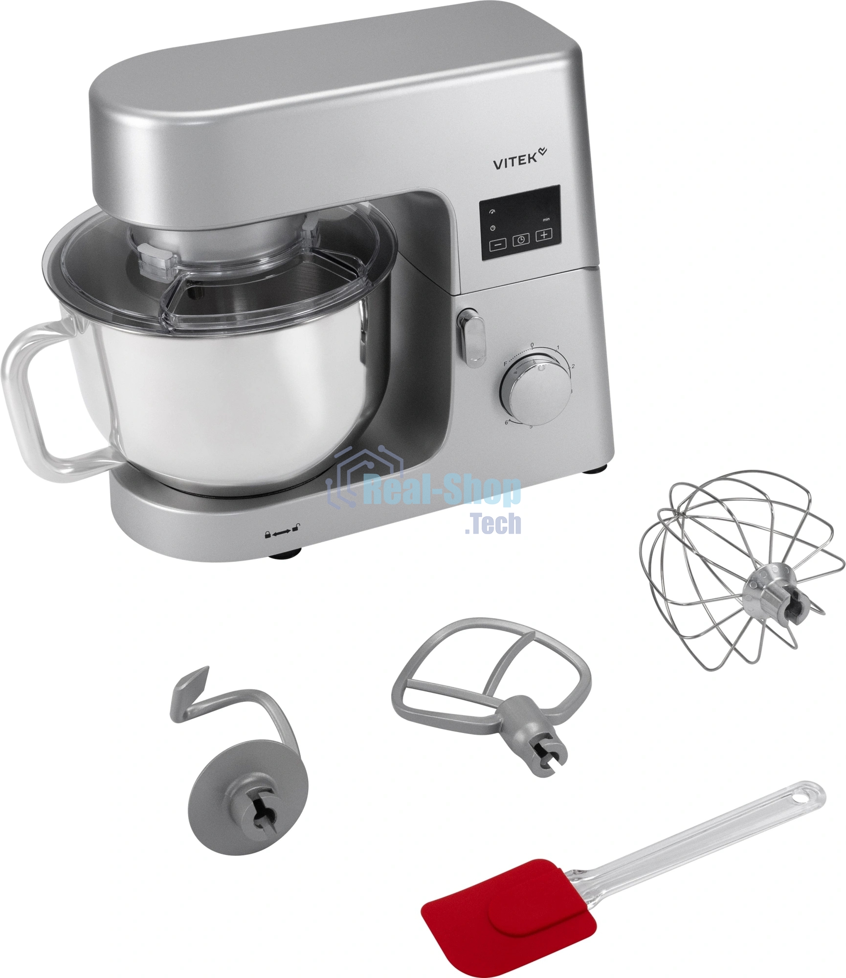 Миксер Vitek VT-PM0550 серебристый, стационарный, 2000 Вт, 6.2 л, 6 скоростей
