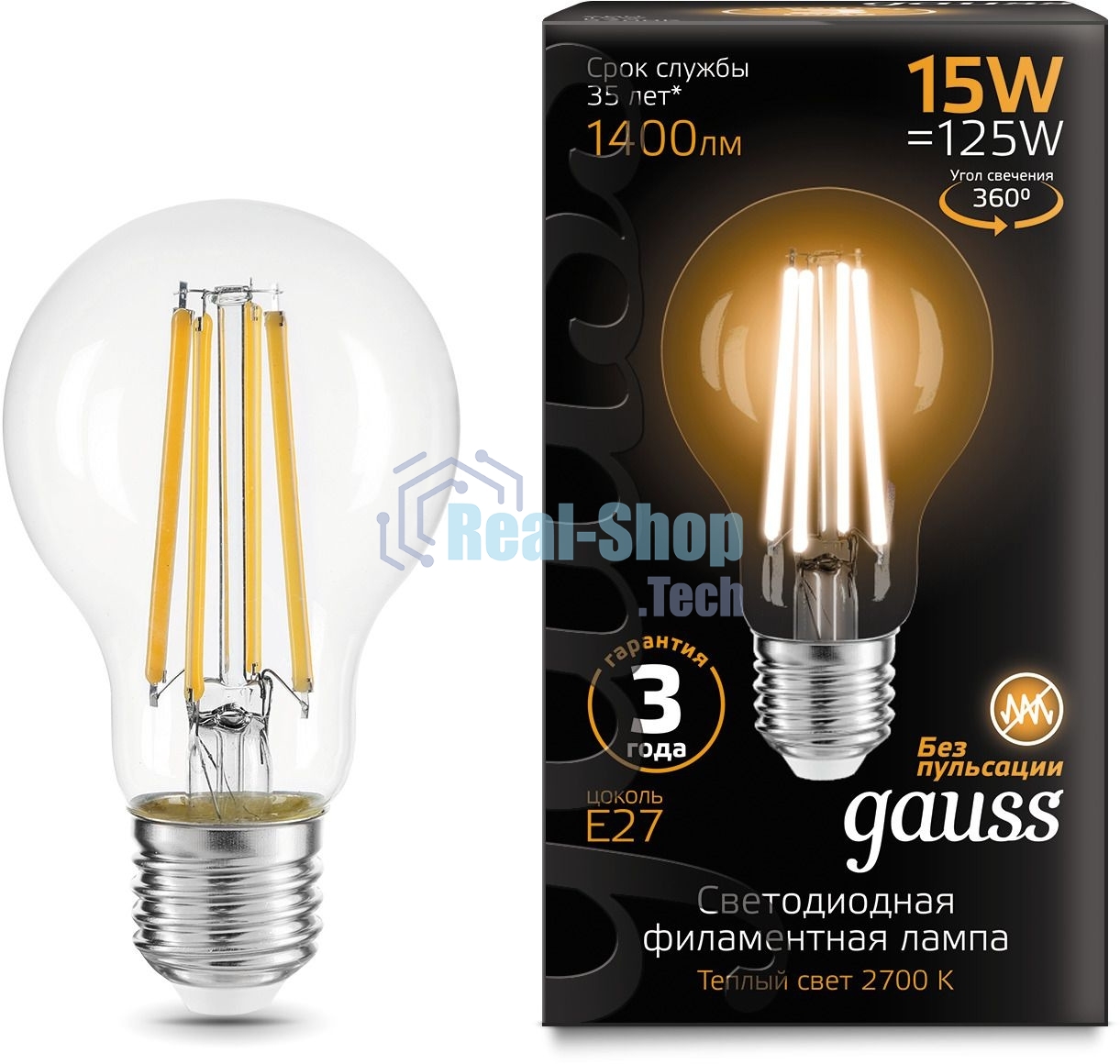 Лампа cветодиодная Gauss Filament А60 15W 1400lm 2700К Е27 LED 1/10/40