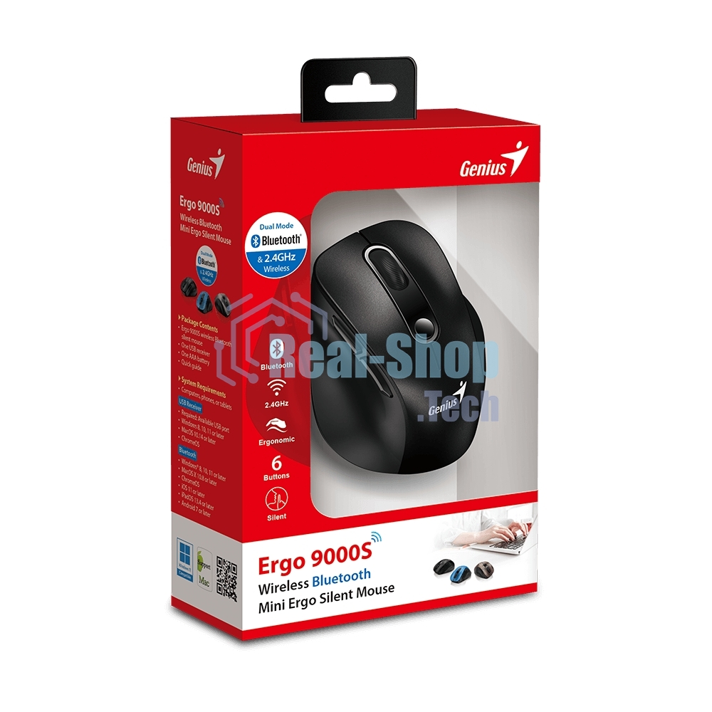 Мышь беспроводная Genius Ergo 9000S черный, 2400 dpi, радиоканал, Bluetooth, USB, кнопки - 6