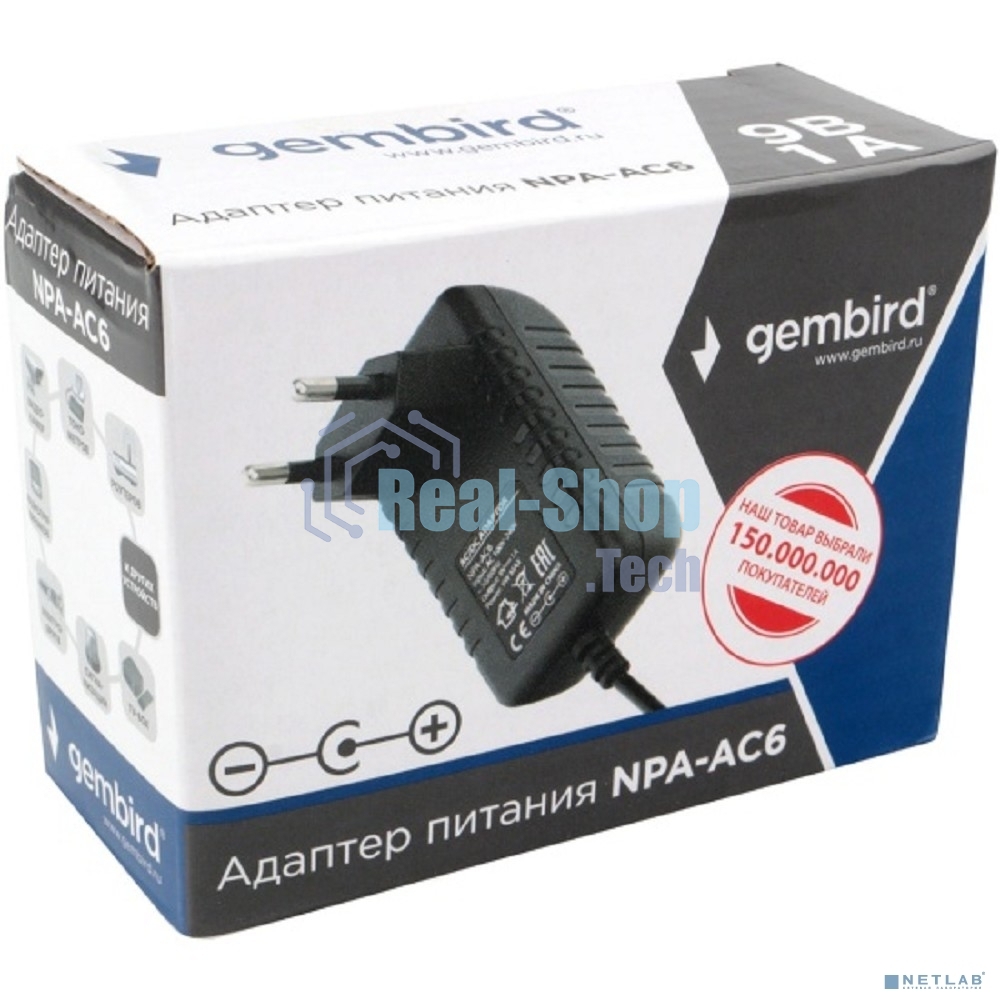 Адаптер питания Gembird NPA-AC6, 9В/1А, 1 штекер 5,5х2,5мм