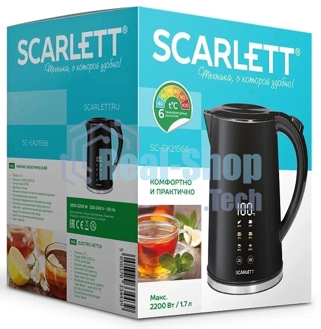 Чайник электрический Scarlett SC-EK21S66 1.7л. 2200Вт черный корпус: металл