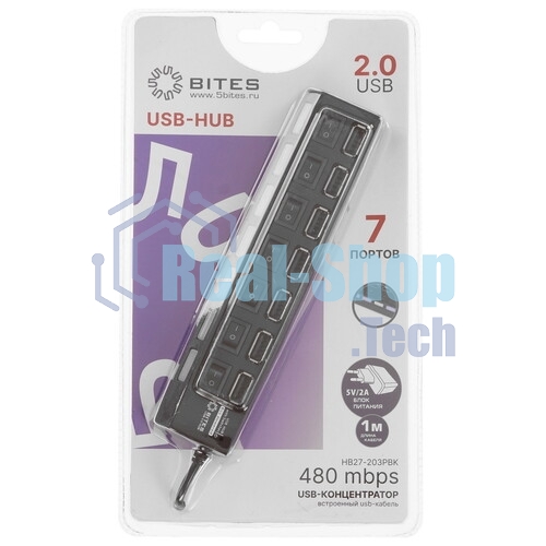 USB-концентратор USB 5bites HB27-203PBK 7*USB2.0 / БП 5В-2А / 1M / черный