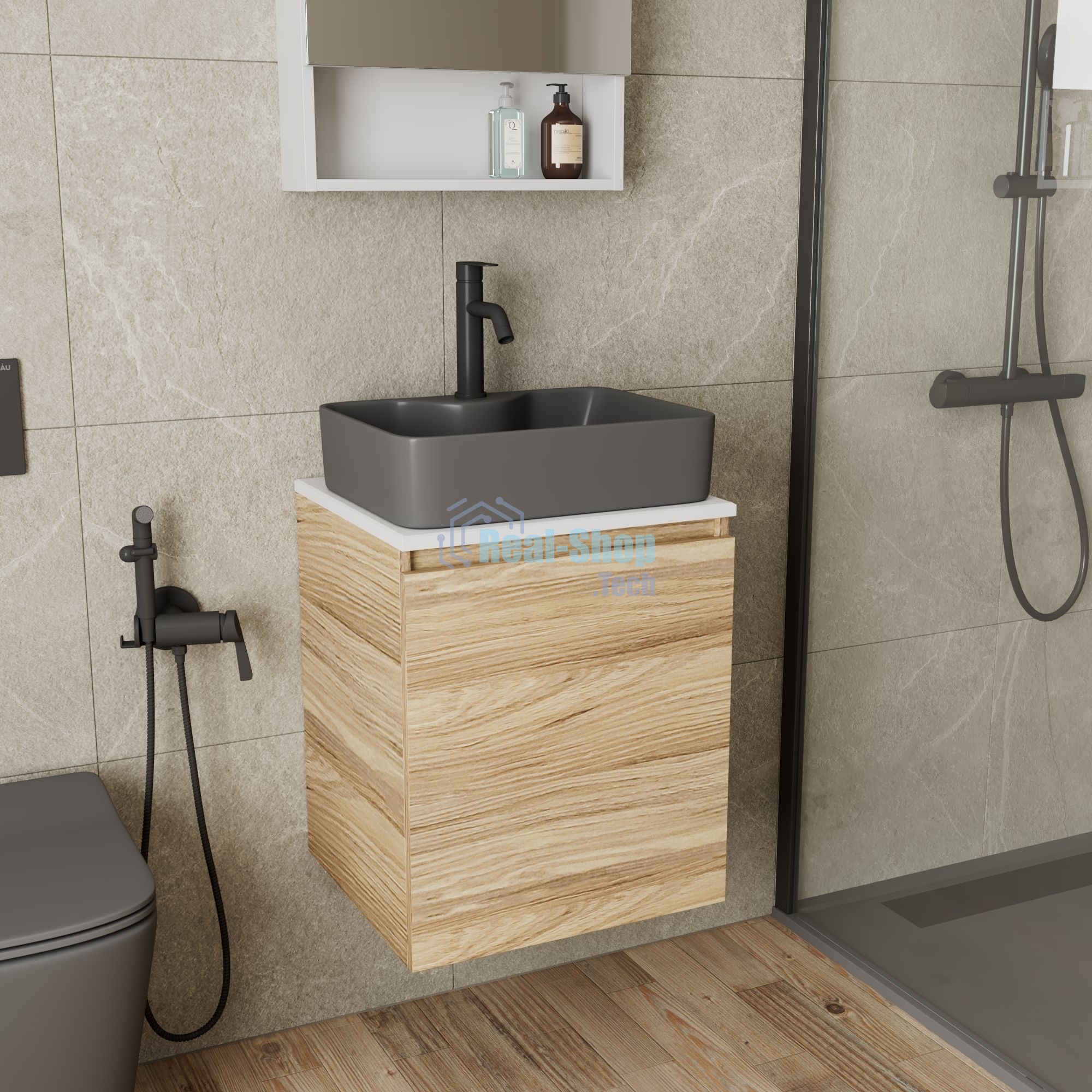 Тумба Bau Dream Blackwood 50 с дверцей, раковина BAU Cerama 48х37 темно-серая матовая, смеситель Hotel Dream Black, нерж. сталь, черный