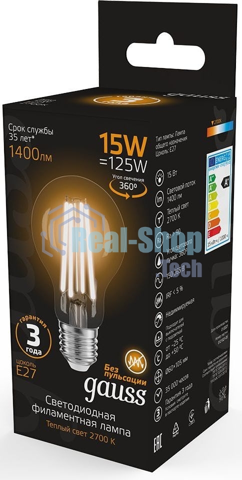 Лампа cветодиодная Gauss Filament А60 15W 1400lm 2700К Е27 LED 1/10/40