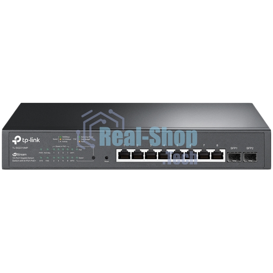 Коммутатор TP-Link JetStream 10-Port Gigabit Smart Switch with 8-Port PoE+, 8× Gigabit PoE+ Ports, 2× Gigabit SFP Slots, 802.3at/af, 150 W PoE Power, 1U 13-inch Rack-mountable Steel CaseIntegration with Omada SDN Controller, 802.1Q VLAN, STP/RSTP/MSTP, IGMP Snoopi