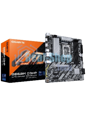 Материнская плата Gigabyte B860M D3HP, LGA 1851, Intel B860, 4xDDR5, 4xSATA, 2xM.2, 1xPCIe 5.0 x16, 2xPCIe x1, 1xHDMI, 1xDP, 1x 1Gb LAN, 3xUSB-A 3.2 Gen 1, 3xUSB-A 2.0, 1xUSB-C 3.2 Gen 1, 3x3.5 мм, 7.1, mATX