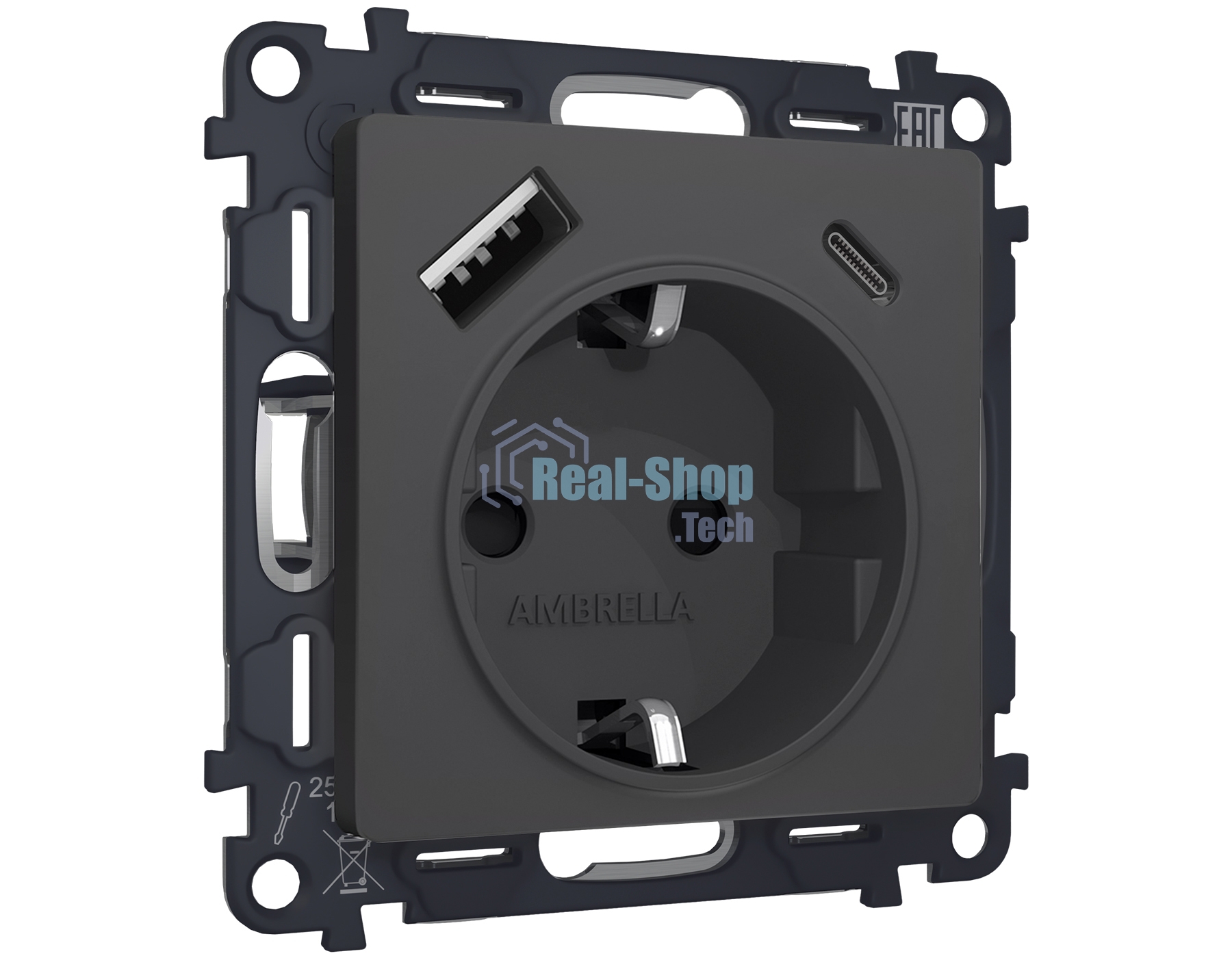 Комплект механизма электрической розетки ALFA Графит мягкое касание 2USB A+C 20W (быстрая зарядка) с/з QUANT (AP9100, VM160) MA910010