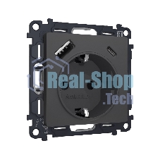 Комплект механизма электрической розетки ALFA Графит мягкое касание 2USB A+C 20W (быстрая зарядка) с/з QUANT (AP9100, VM160) MA910010