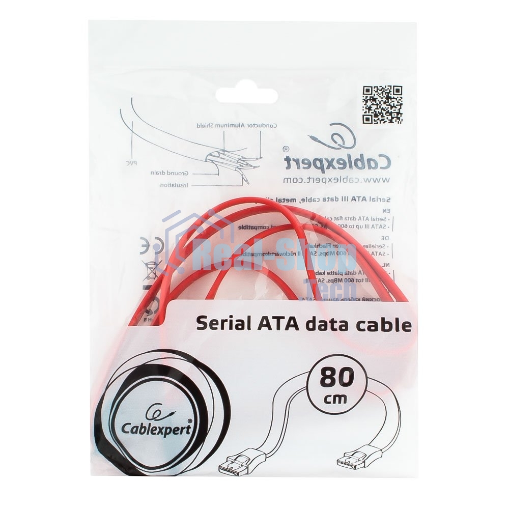 Кабель интерфейсный SATAIII Cablexpert CC-SATAM-DATA-0.8M, 80 см, 7pin/7pin, защелка, пакет