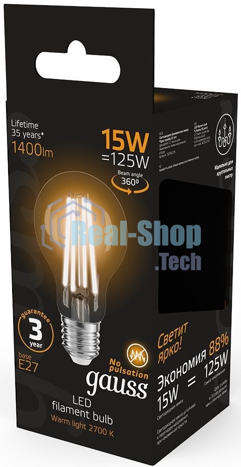 Лампа cветодиодная Gauss Filament А60 15W 1400lm 2700К Е27 LED 1/10/40