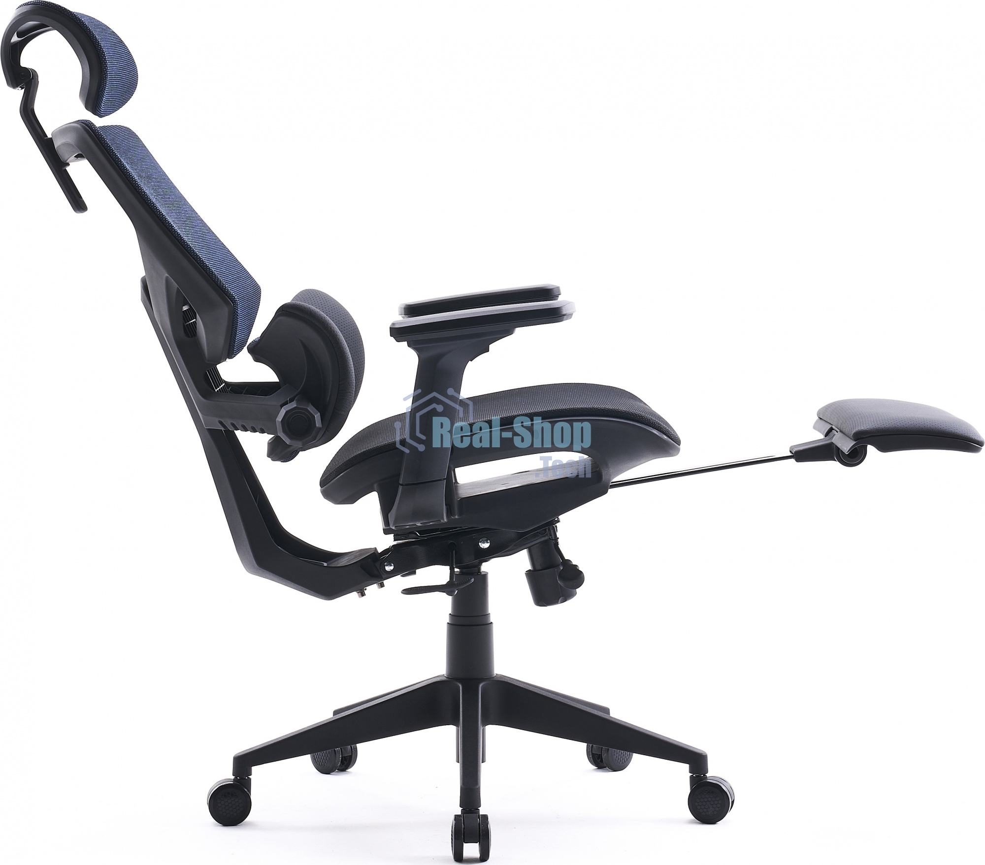 Кресло офисное Cactus CS-CHR-MC01-BLBK синий, сиденье черный, сетка/ткань, с подголов. крестов. пластик, подст. для ног