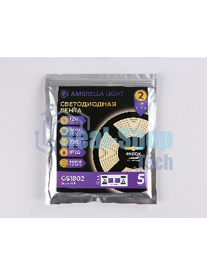 Светодиодная лента Ambrella light GS1802 5050 30Led/ 7.2W m/ 12V IP20 4500K/ 5000*10*1.87mm (2 конт.)