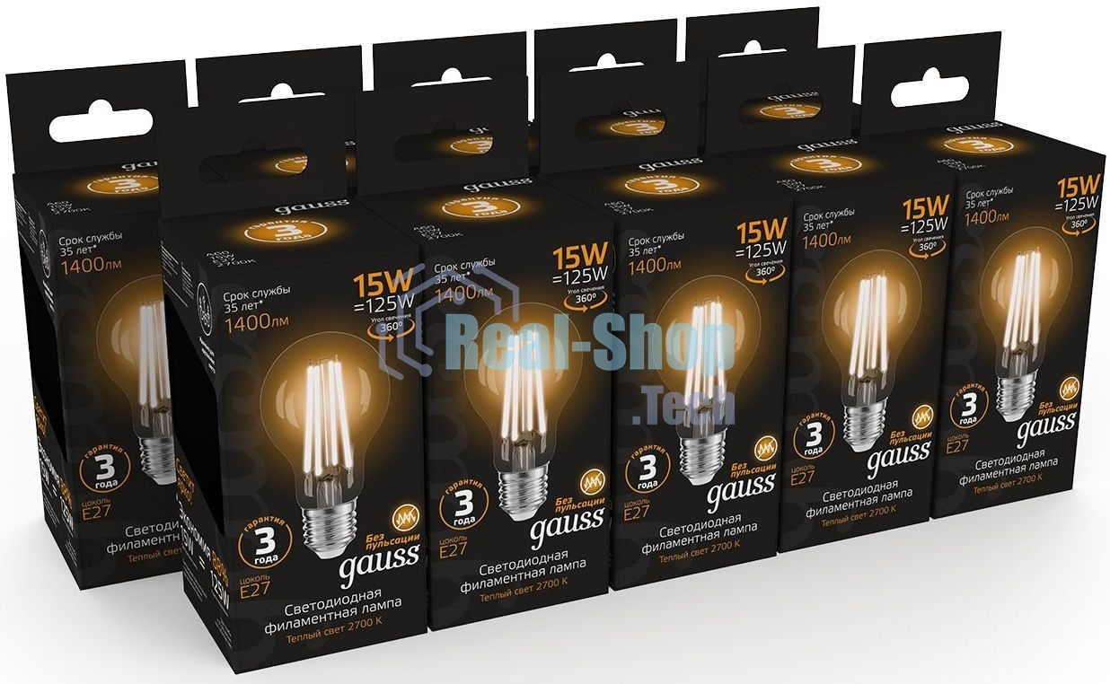 Лампа cветодиодная Gauss Filament А60 15W 1400lm 2700К Е27 LED 1/10/40