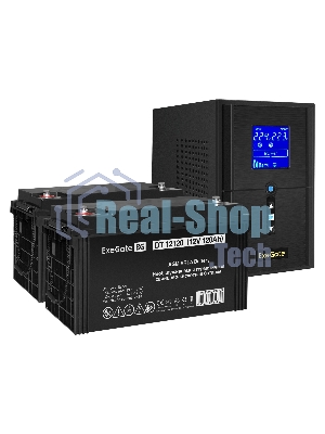 Комплект Источник бесперебойного питания EX295988RUS + батарея 120Aч EX282988RUS 2шт (инвертор, синус, для котла) ExeGate SineTower SZ-1500.LCD.AVR.2SH.1C13.USB <1500VA/1200W, чистый синусоида, LCD дисплей, AVR, 2хSchuko+1хC13, USB, линейно-интерактивный, черный> + батарея ExeGate DT 12120 (12В, 120Ач) 2шт