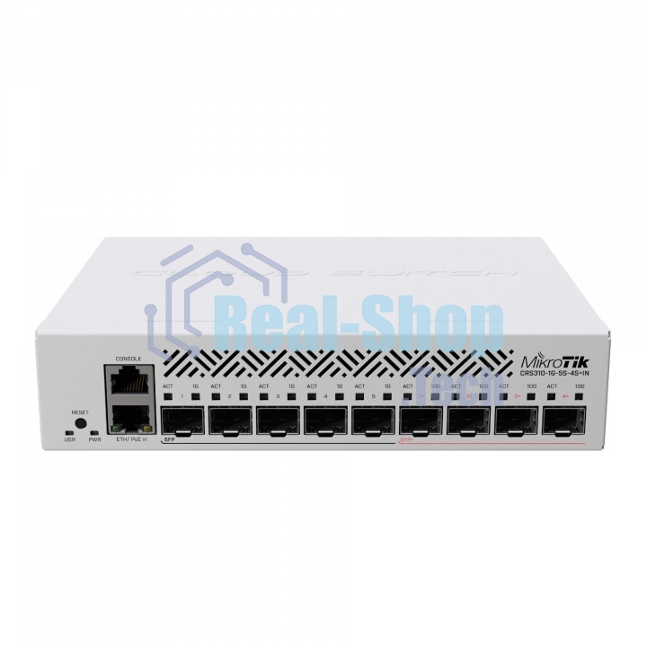 Коммутатор MikroTik Cloud Router Switch CRS310-1G-5S-4S+IN with 800 MHz CPU, 256 MB RAM, 4xSFP+, 5xSFP cages, 1xGbit LAN port, RouterOS L5, desktop case, rackmount ears, PSU