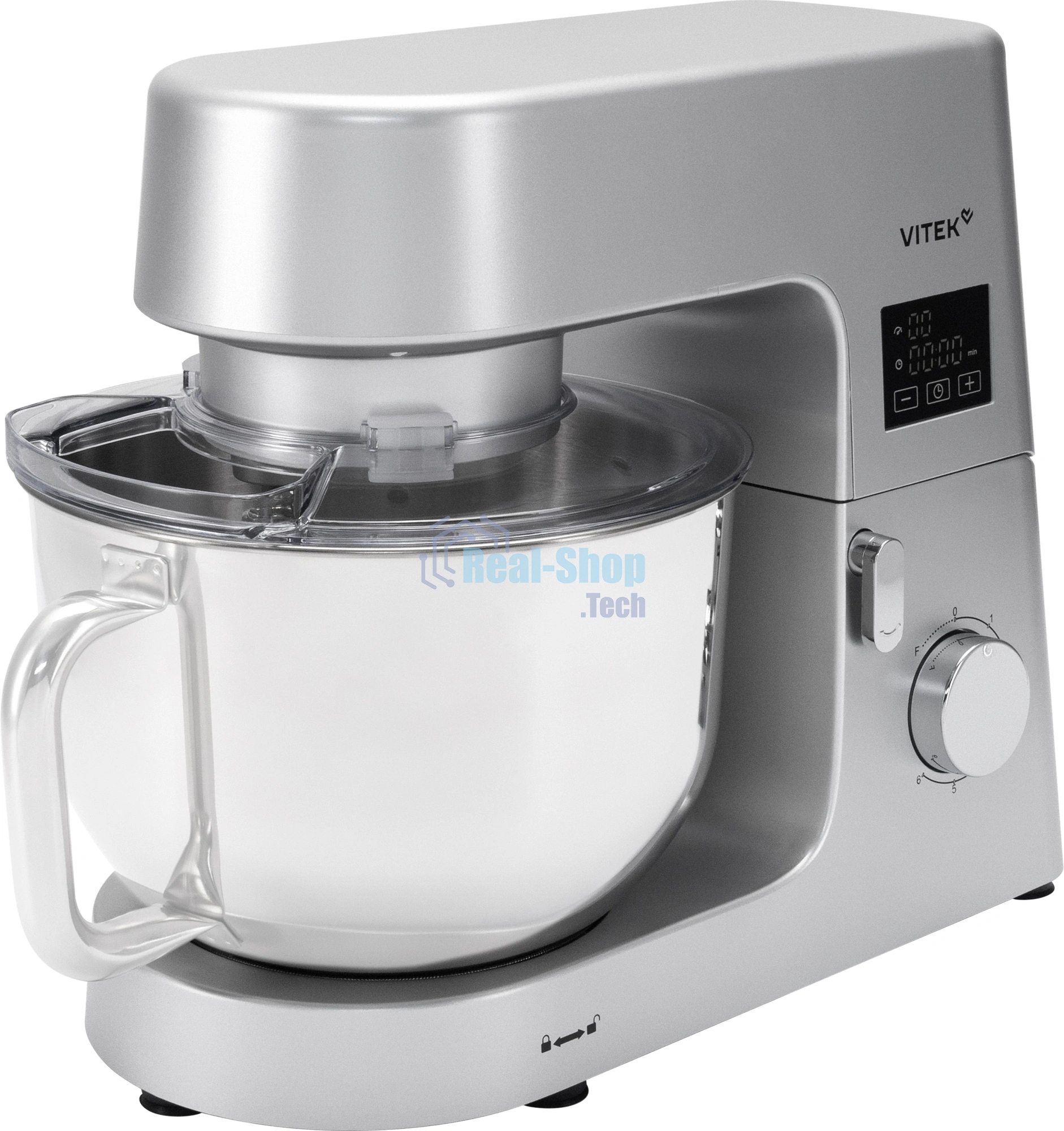 Миксер Vitek VT-PM0550 серебристый, стационарный, 2000 Вт, 6.2 л, 6 скоростей