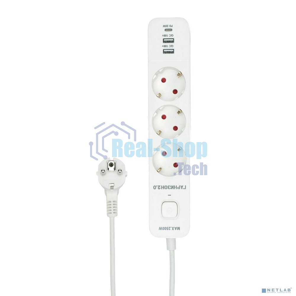 Сетевой фильтр Гарнизон EPS-3-CU2-W-2 2.0 Мультипорт 3 р, 10А, 1xType-C PD, 2 х USB QC, 2 м, ур.защиты 2+, белый, пак (21448)