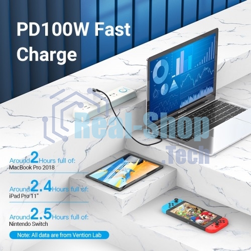 Кабель Vention USB 2.0 CM/CM угловой - 1м. Серый 5А PD100W