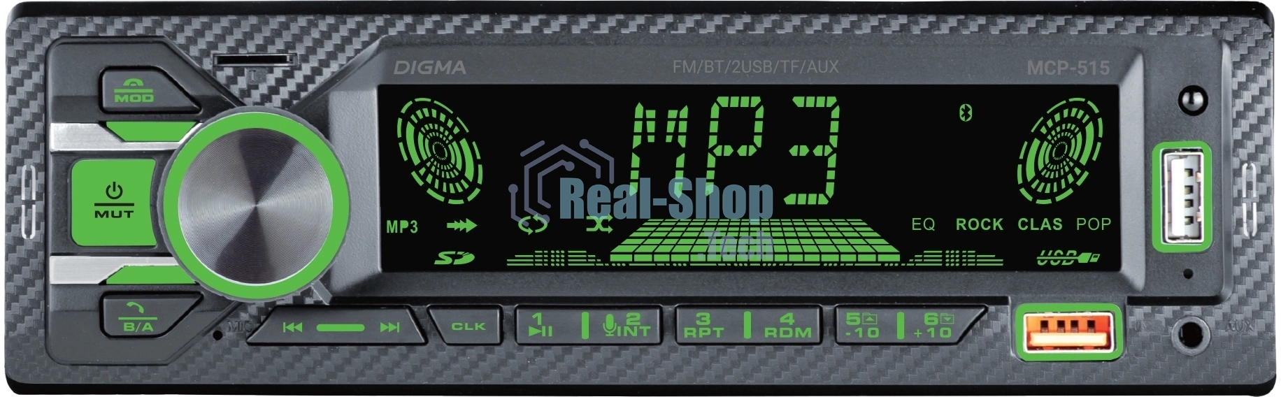Автомагнитола Digma MCP-515, 1 DIN, Bluetooth, USB Type-A, AUX, пульт ДУ