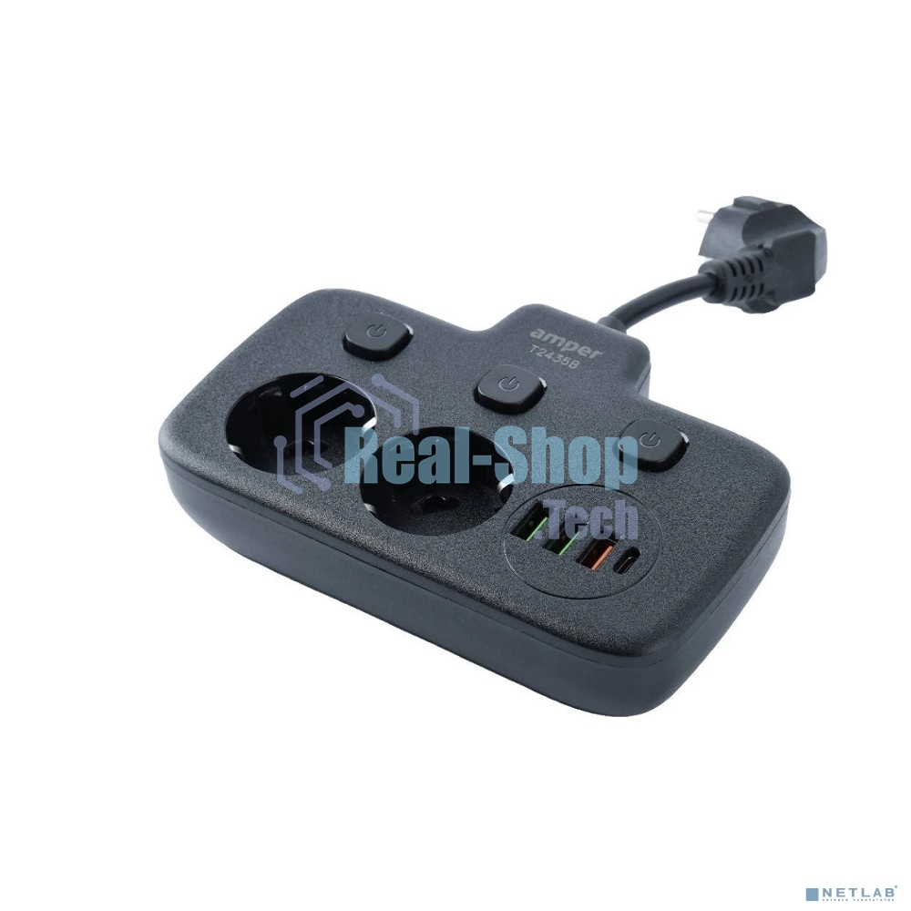 Сетевой удлинитель Amper 0,2 м, 2 розетки, 3*0,75 мм, 10А, 2500 Вт, 3usb, 1 Type-C, 3кн, черный.