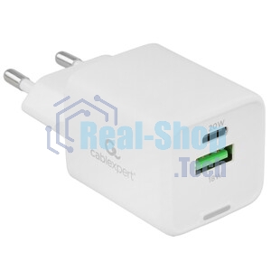 Зарядное устройство Cablexpert MP3A-PC-61, 20Вт GaN, 3А, QC4.0/PD, 1xUSB, 1xType-C, белый, пакет