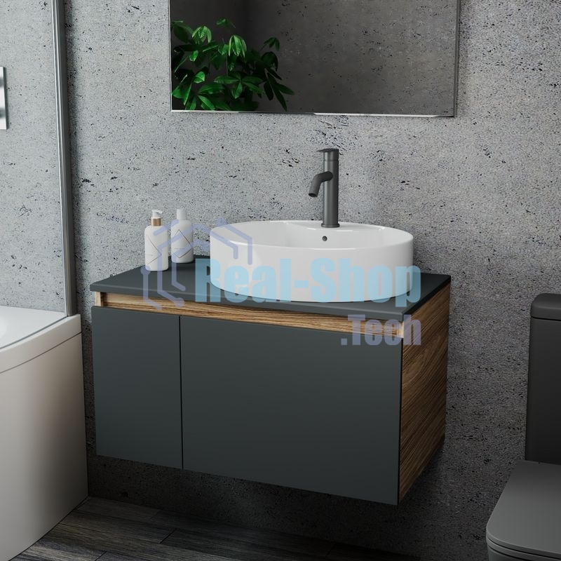 Комплект для ванной, 3 предмета (Тумба подвесная Bau Blackwood 80 графит + Раковина BAU 51х41, с отв. под см-ль, Смеситель Dream Black, черный)