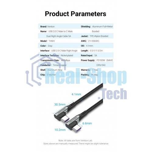 Кабель Vention USB 2.0 CM/CM угловой - 1м. Серый 5А PD100W