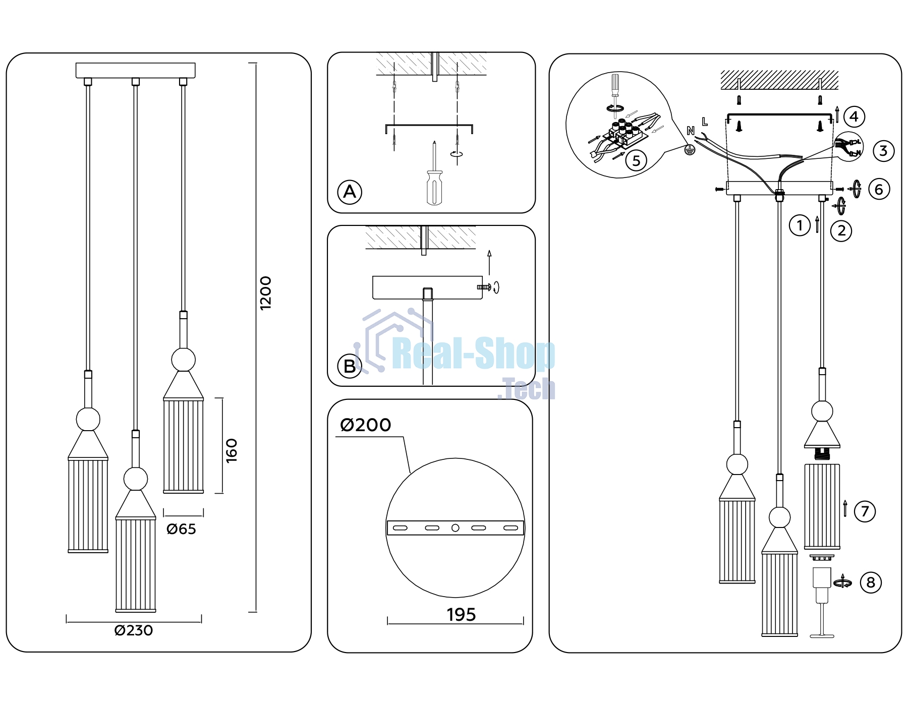 Светильник Ambrella light LH55252/3 BK/BS/CL черный/латунь/прозрачный E14*3 max 40W D230*1200
