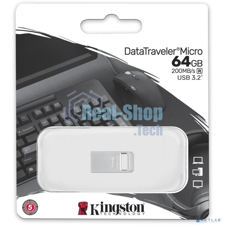 Флешка USB Kingston DataTraveler Micro (DTMC3G2/64Gb), 64Gb, USB 3.2 Gen 1, R/W 200/60, серебристый