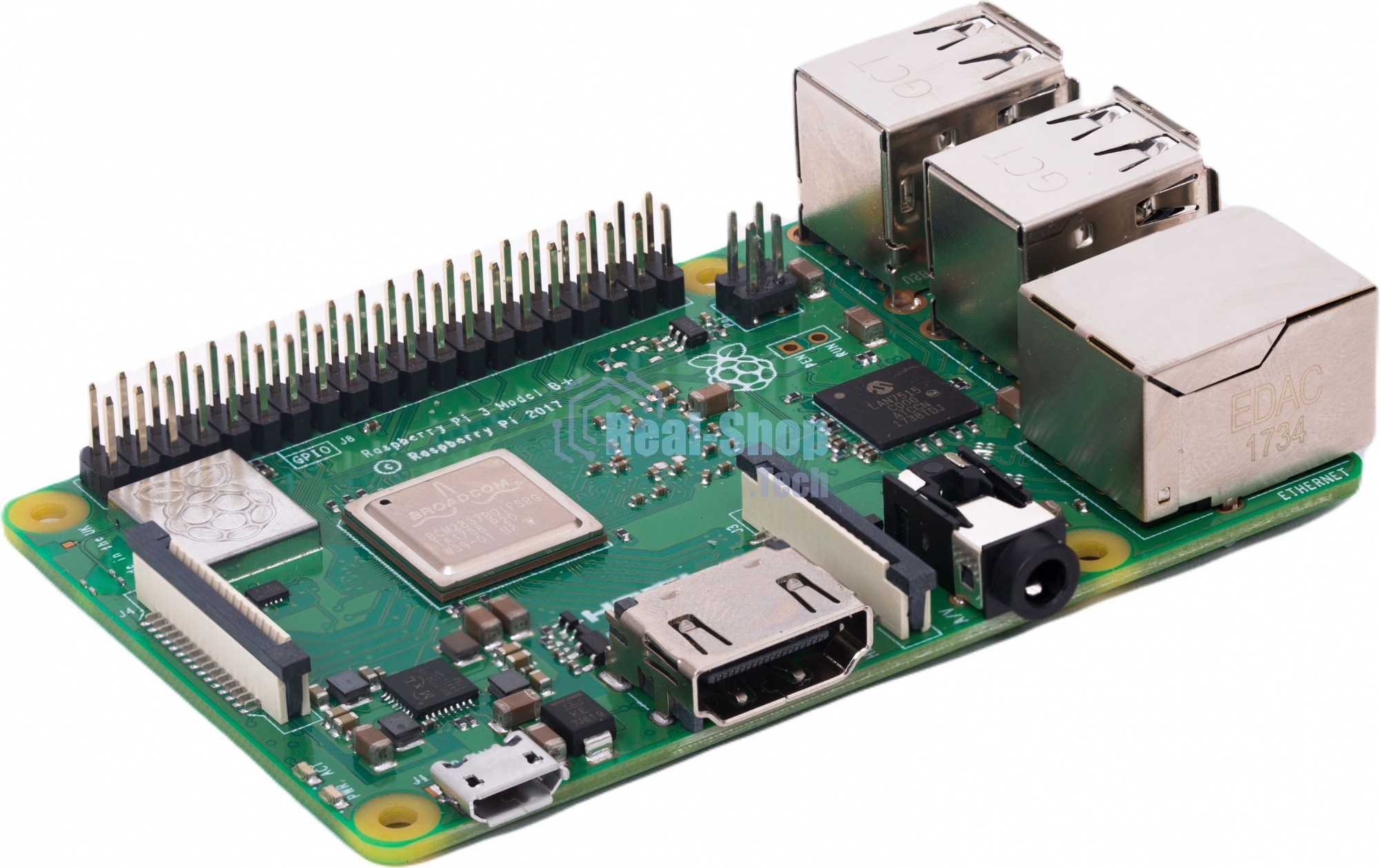 Мини ПК Raspberry Pi 3 Model B+ (RA433, E14 Version) Retail, 1Gb RAM, Cortex-A53 (ARMv8) 64-bit SoC @ 1.4GHz Broadcom BCM2837B0 CPU, WiFi, Bluetooth, 40-pin extended GPIO, 4x USB 2.0, HDMI, CSI camera port, DSI displ.port, MicroSD port (137-3331), (БП и к