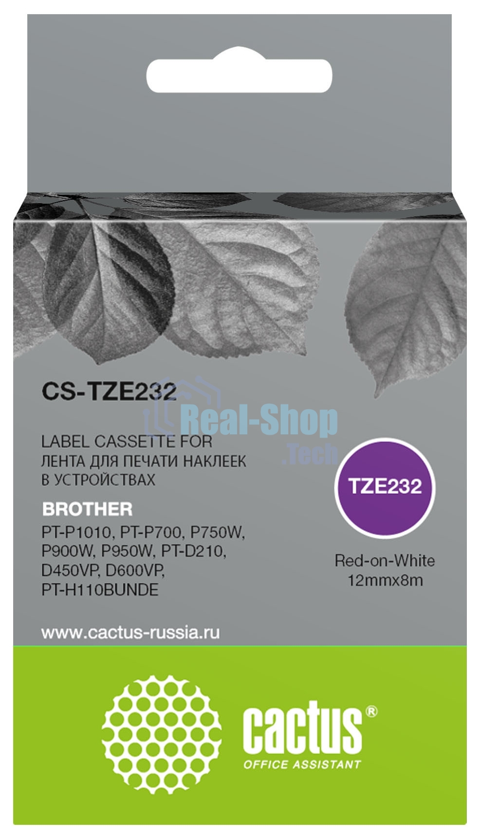 Картридж ленточный Cactus CS-TZE232 TZe-232 красный шрифт, белый фон (12 мм, 8 м) для Brother PT-P1010, PT-P700, P750W, P900W, P950W, PT-D210, D450VP, D600VP, PT-H110BUNDE