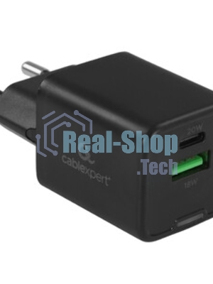 Зарядное устройство Cablexpert MP3A-PC-62, 20Вт GaN, 3А, QC4.0/PD, 1xUSB, 1xType-C, черный, пакет