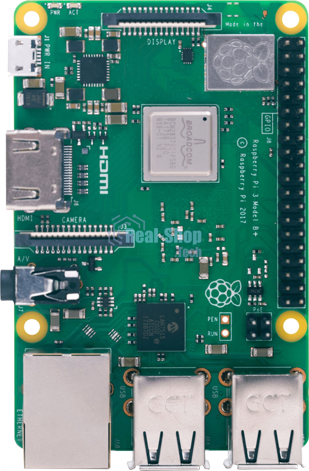 Мини ПК Raspberry Pi 3 Model B+ (RA433, E14 Version) Retail, 1Gb RAM, Cortex-A53 (ARMv8) 64-bit SoC @ 1.4GHz Broadcom BCM2837B0 CPU, WiFi, Bluetooth, 40-pin extended GPIO, 4x USB 2.0, HDMI, CSI camera port, DSI displ.port, MicroSD port (137-3331), (БП и к