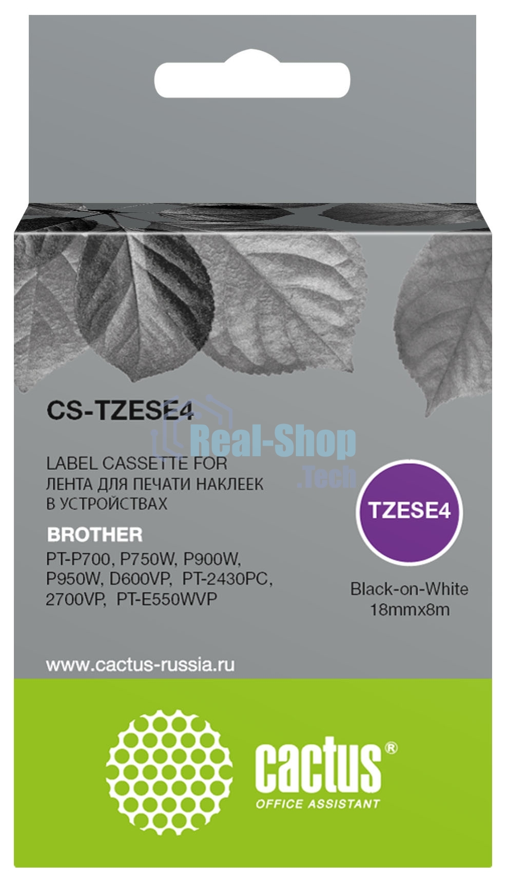 Картридж ленточный Cactus CS-TZESE4 TZe-SE4 черный шрифт, белый фон (18 мм, 8 м) для Brother PT-P700, P750W, P900W, P950W, D600VP, PT-2430PC, 2700VP, PT-E550WVP